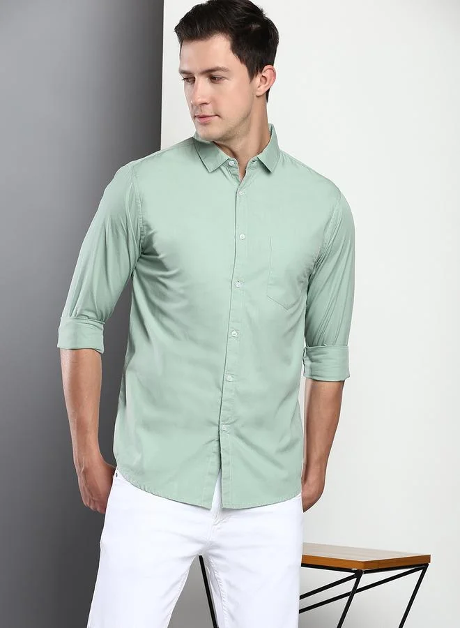 Dennis Lingo Slim Fit Sage Green Men's Casual Shirt, Spread Collar, Full Sleeves, 100% Cotton,