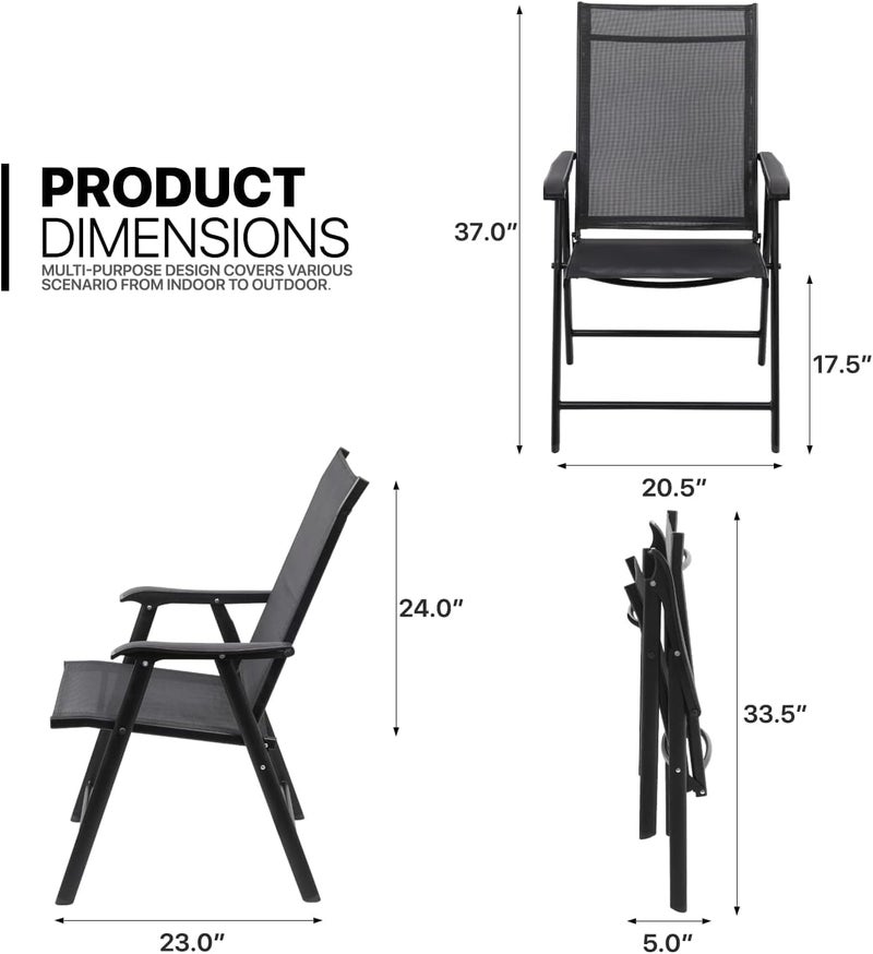 Harmony Home كراسي باتيو هارموني هوم، كرسي باتيو قابل للطي مع مساند ذراعين وقماش مقعد قابل للتنفس، كرسي طعام خارجي للباتيو، جانب المسبح، الفناء الخلفي | إطار فولاذي مع طلاء مسحوق (حديث، أسود) - Image 5
