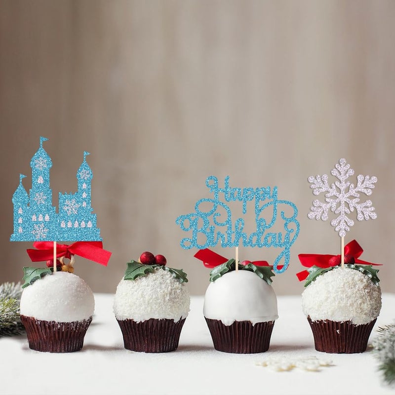 Qertesl Frozen Castle Birthday Cake Topper,3Pcs Winter Wonderland Themed cake Decoration,Frozen Castle Themed Baby Shower Decoration,Winter Princess Birthday Party Decoration Supplies - Image 5