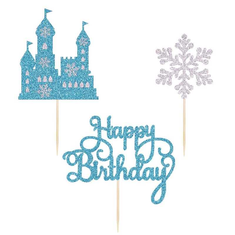 Qertesl Frozen Castle Birthday Cake Topper,3Pcs Winter Wonderland Themed cake Decoration,Frozen Castle Themed Baby Shower Decoration,Winter Princess Birthday Party Decoration Supplies - Image 1