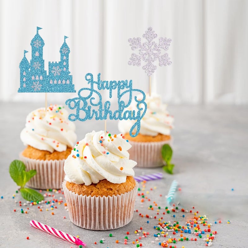 Qertesl Frozen Castle Birthday Cake Topper,3Pcs Winter Wonderland Themed cake Decoration,Frozen Castle Themed Baby Shower Decoration,Winter Princess Birthday Party Decoration Supplies - Image 2