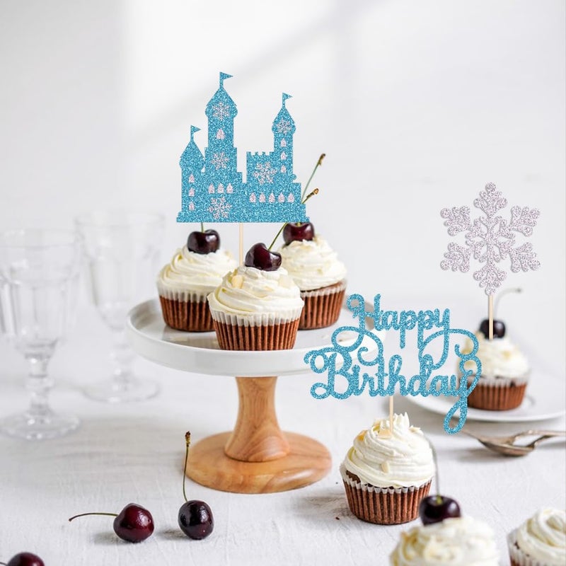 Qertesl Frozen Castle Birthday Cake Topper,3Pcs Winter Wonderland Themed cake Decoration,Frozen Castle Themed Baby Shower Decoration,Winter Princess Birthday Party Decoration Supplies - Image 4