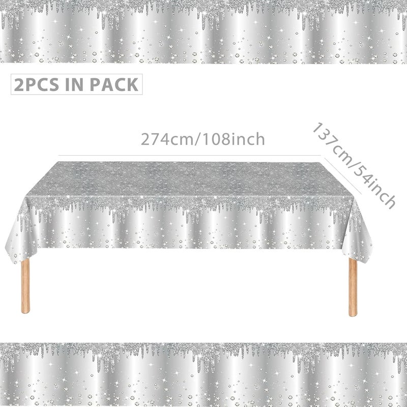 Mienocol 2pcs Silver Table Cloth Party Disposable Tablecloths,137 x274cm Shiny Glitter Diamond Silver Party Rectangular Dining Table Cover for Baby Shower,Wedding,Birthday,Princess,Girls Party Table Décor - Image 2