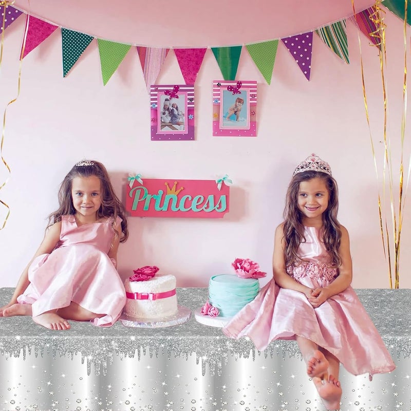 Mienocol 2pcs Silver Table Cloth Party Disposable Tablecloths,137 x274cm Shiny Glitter Diamond Silver Party Rectangular Dining Table Cover for Baby Shower,Wedding,Birthday,Princess,Girls Party Table Décor - Image 4