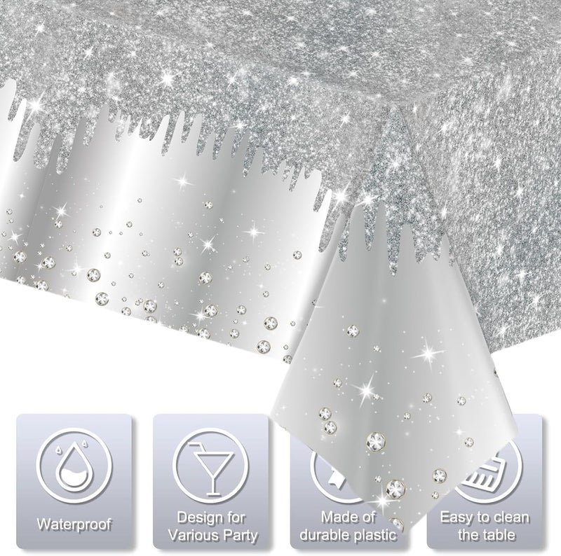 Mienocol 2pcs Silver Table Cloth Party Disposable Tablecloths,137 x274cm Shiny Glitter Diamond Silver Party Rectangular Dining Table Cover for Baby Shower,Wedding,Birthday,Princess,Girls Party Table Décor - Image 3