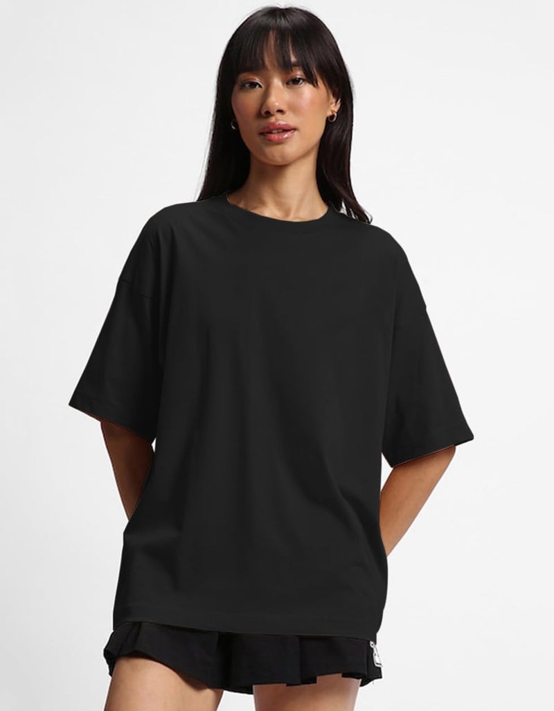 JUNEBERRY® Pure Cotton Drop Shoulder Oversized Baggy Fit Half Sleeve Plain Solid Round Neck Multicolor T-Shirt for Women & Girls (Pack of 3) (PO3_OS_J_LC_WT_BK_XL) - Image 3