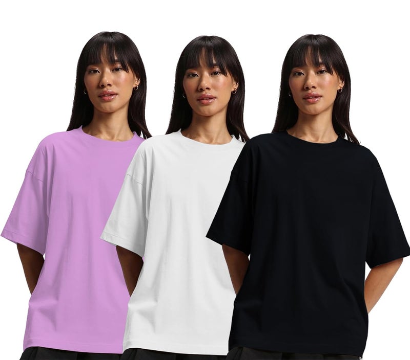 JUNEBERRY® Pure Cotton Drop Shoulder Oversized Baggy Fit Half Sleeve Plain Solid Round Neck Multicolor T-Shirt for Women & Girls (Pack of 3) (PO3_OS_J_LC_WT_BK_XL) - Image 1