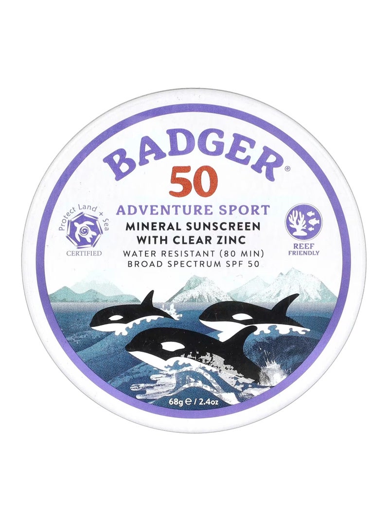 Badger Adventure Sport Mineral Sunscreen with Clear Zinc SPF 50 Unscented, 2.4 oz (68 g) - Image 1