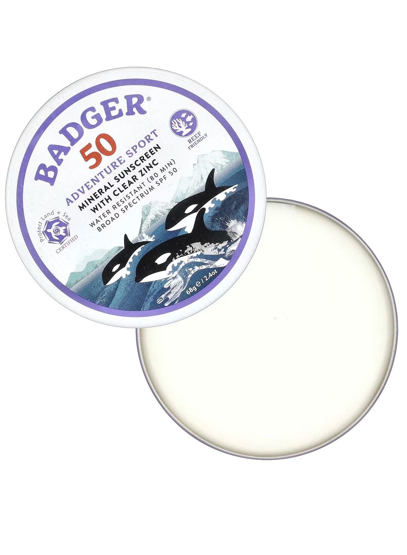 Badger Adventure Sport Mineral Sunscreen with Clear Zinc SPF 50 Unscented, 2.4 oz (68 g) - Image 2
