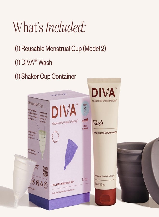 DivaCup DIVA Cup, DIVA Wash & DIVA Shaker Combo Pack - Medical Grade Silicone Cup for Period Care - Period Cup Wash - Shaker for On-the-Go Cleansing - Cup Model 2 (Wide Vaginal Canals, Post-Partum & Ages 35+ - Image 2