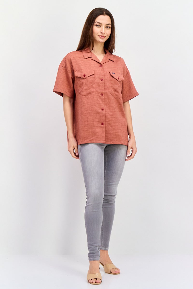 Wrangler Women Spread Neck Short Sleeves Heather Shirt, Rust - Image 4