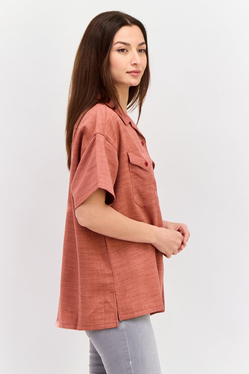 Wrangler Women Spread Neck Short Sleeves Heather Shirt, Rust - Image 2