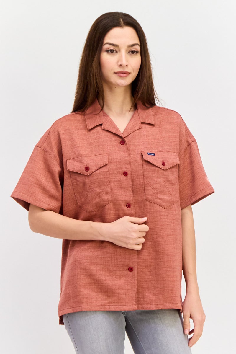 Wrangler Women Spread Neck Short Sleeves Heather Shirt, Rust - Image 1