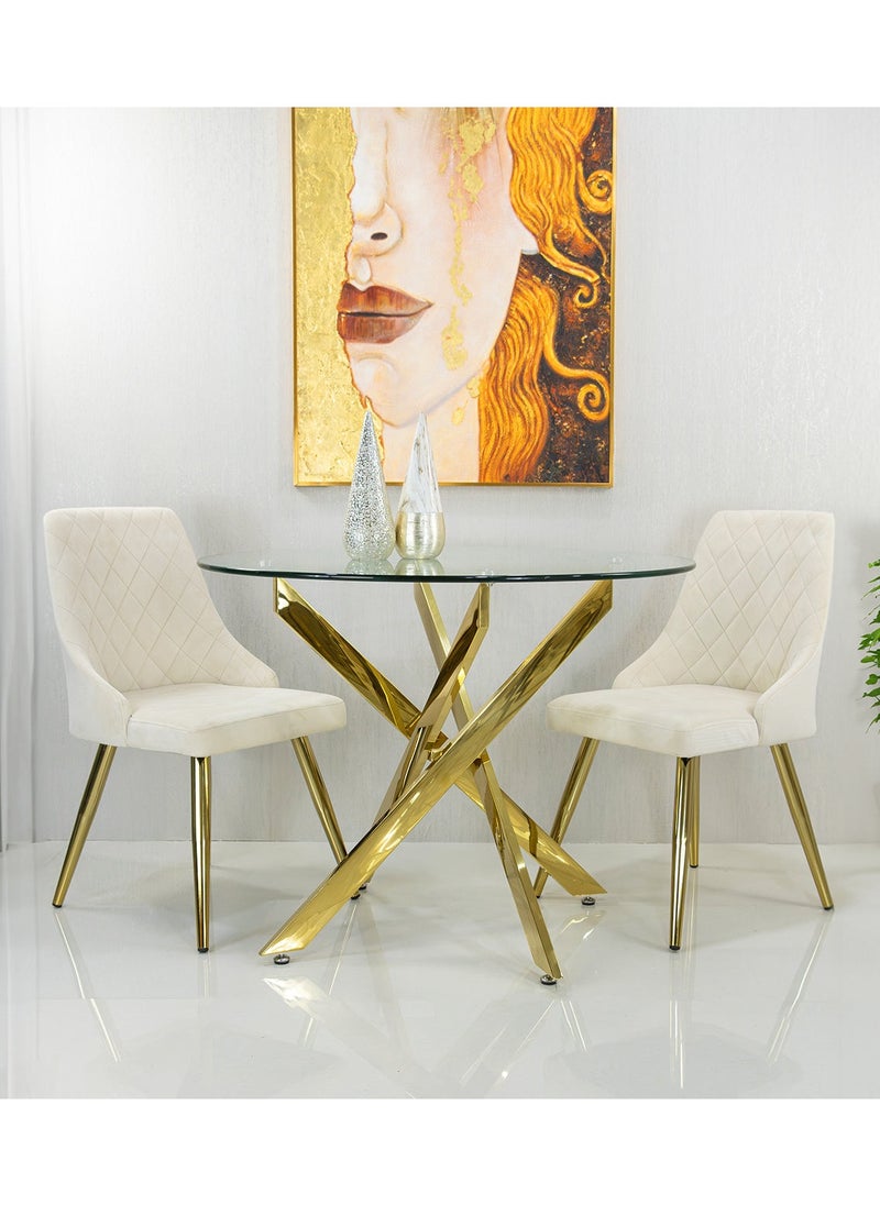 VANITY LIVING VANITY LIVING Davos Gold Round 2-Seater Dining Table Set – Compact Table with Milan Cream Upholstered Chairs  - Image 1
