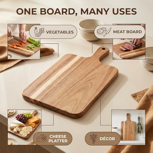 ZeQi Acacia Wood Cutting Board with Handle 138L x 7W Wooden Cutting Boards Chopping Board Charcuterie Board Serving board for Cheese Bread Pizza Vegetables Fruits - Image 3