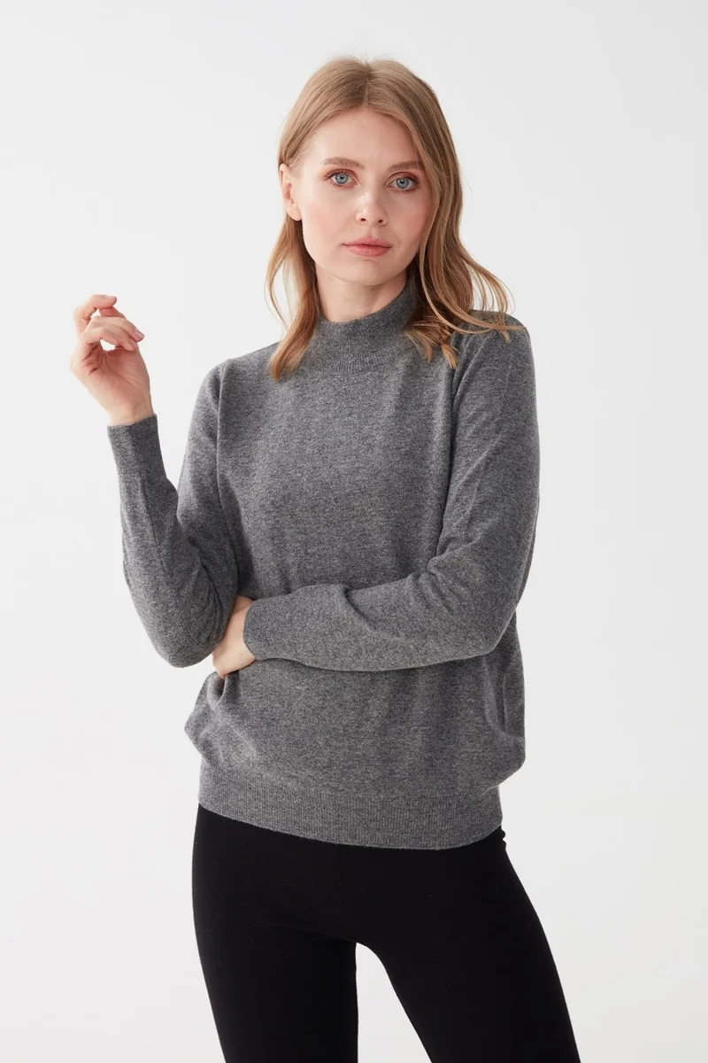 Desen Triko Pattern Knitwear Women's Half Turtleneck Classic Blouse Smoke