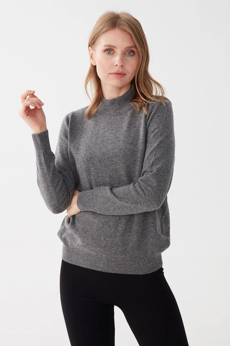 Desen Triko Pattern Knitwear Women's Half Turtleneck Classic Blouse Smoke