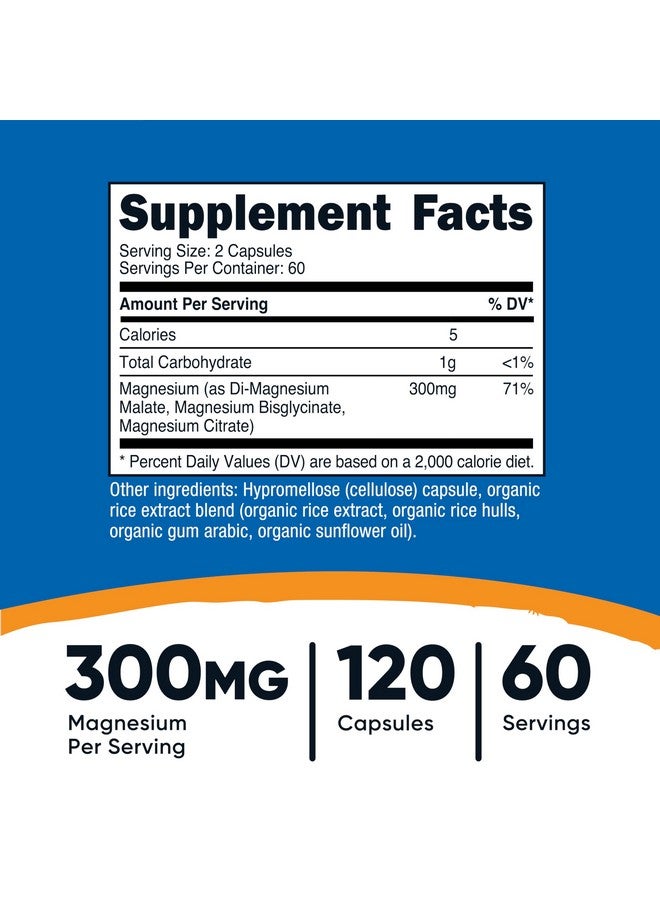 Nutricost مجمع المغنيسيوم الثلاثي من نوتريكوست (300 ملغ، 120 كبسولة) - من دي-مغنيسيوم ماليت، بيسغليسينات وسيتريت، 60 حصة - Image 2