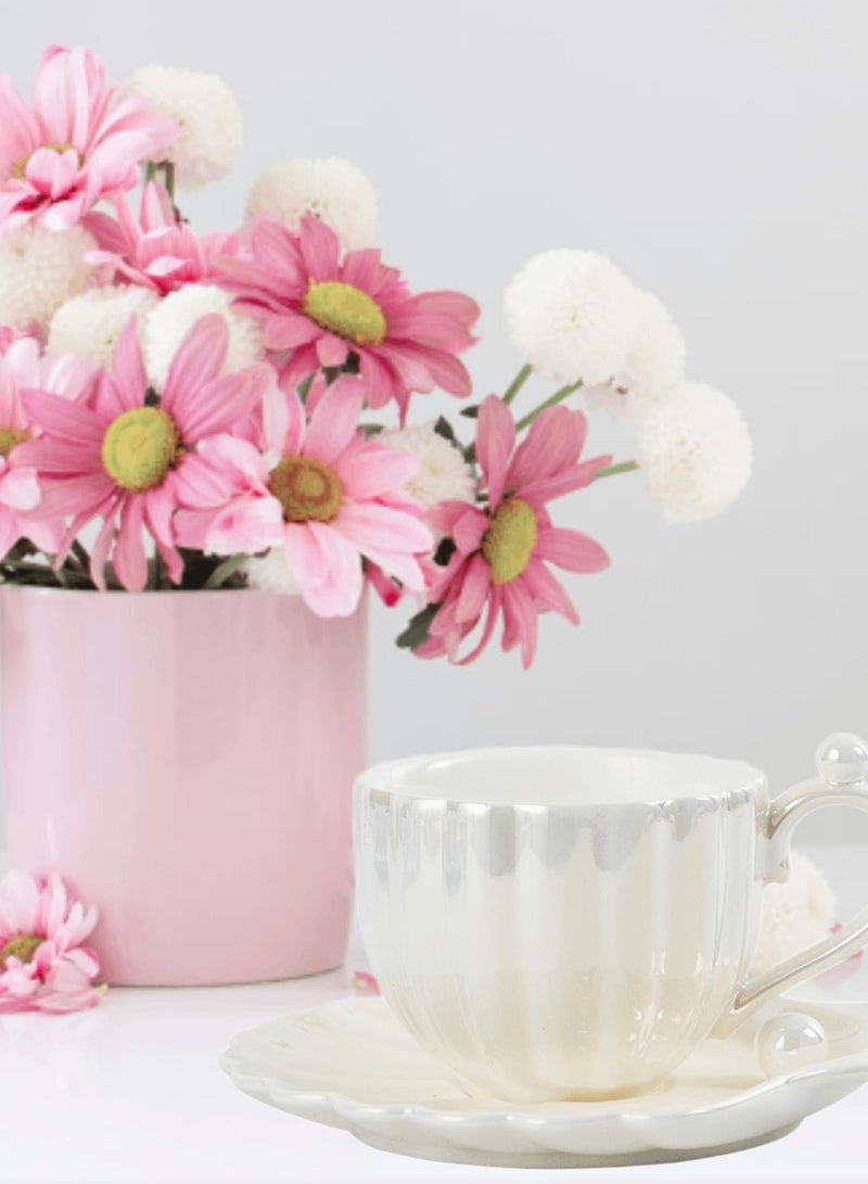 SOLARAE Ceramic Tea Cups and Saucers, White 240ml Porcelain Coffee Cup, Pearly Shells Design, British Coffee Latte Cups, for Tea Serving Latte, Macchiato, and espresso, for Weddding, Birthday, Anniversary - Image 3