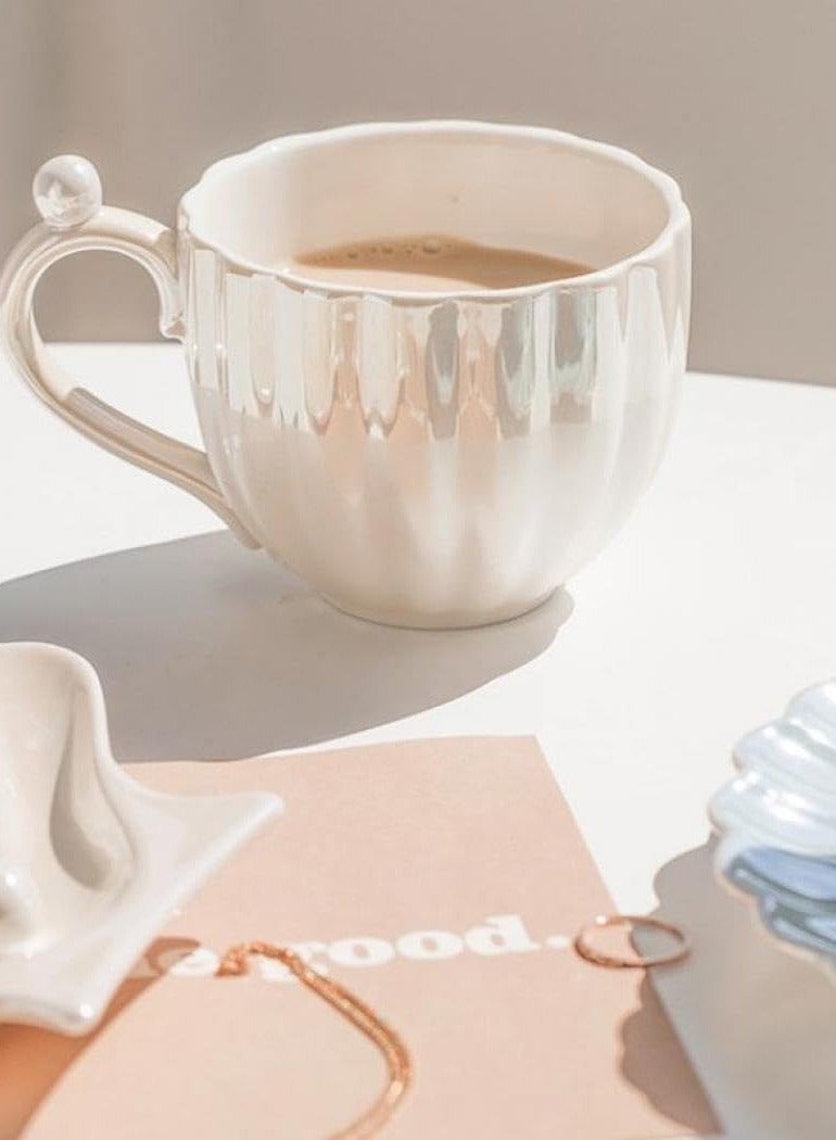 SOLARAE Ceramic Tea Cups and Saucers, White 240ml Porcelain Coffee Cup, Pearly Shells Design, British Coffee Latte Cups, for Tea Serving Latte, Macchiato, and espresso, for Weddding, Birthday, Anniversary - Image 2