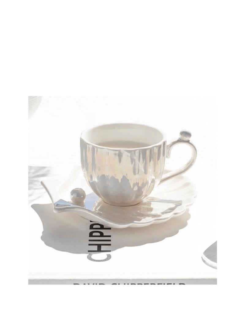 SOLARAE Ceramic Tea Cups and Saucers, White 240ml Porcelain Coffee Cup, Pearly Shells Design, British Coffee Latte Cups, for Tea Serving Latte, Macchiato, and espresso, for Weddding, Birthday, Anniversary - Image 1