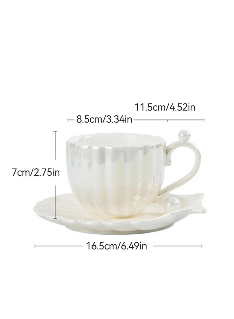 SOLARAE Ceramic Tea Cups and Saucers, White 240ml Porcelain Coffee Cup, Pearly Shells Design, British Coffee Latte Cups, for Tea Serving Latte, Macchiato, and espresso, for Weddding, Birthday, Anniversary - Image 4