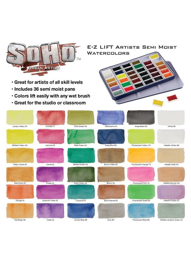 Soho Urban Artist Ez Lift Artist Watercolors Pan Set Of 36 Professional Watercolor Pan With Rich & Brilliant Colors For Painters Artists Canvas & More!  - Image 3