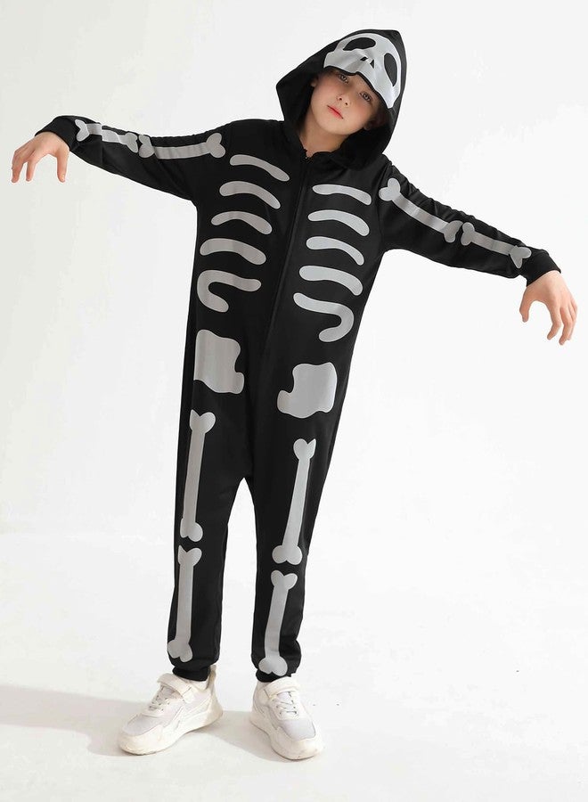 ESHOO Black Halloween Skeleton Costume Kids Girls Boys Hooded Jumpsuit Onesie Halloween Cosplay Outfits 3t 4t 5t 6t 7t 8-12t - Image 2