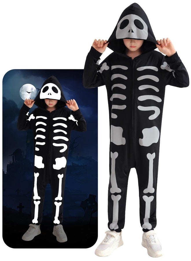 ESHOO Black Halloween Skeleton Costume Kids Girls Boys Hooded Jumpsuit Onesie Halloween Cosplay Outfits 3t 4t 5t 6t 7t 8-12t - Image 1