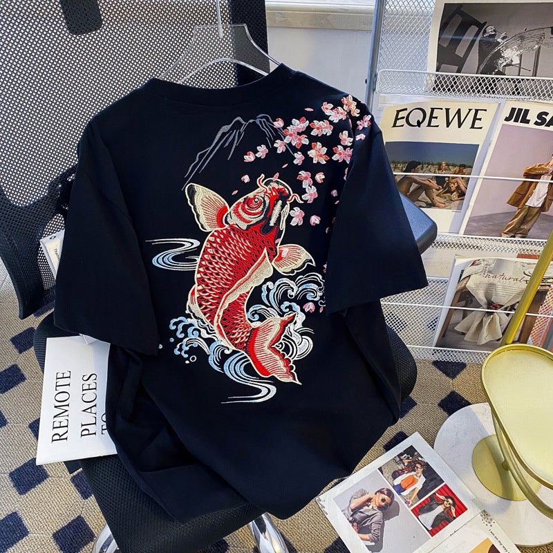 Summer Chinese Style Embroidered Koi Pure Cotton T-Shirt Short-Sleeved Young Women Heavy Industry Fashion T-Shirt Ins Trend - Image 3