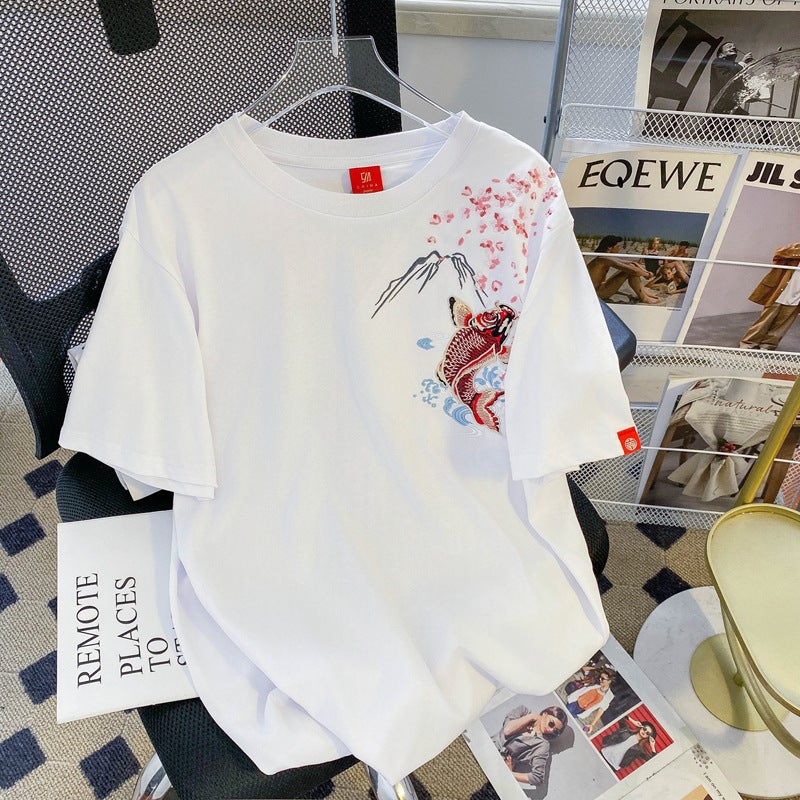 Summer Chinese Style Embroidered Koi Pure Cotton T-Shirt Short-Sleeved Young Women Heavy Industry Fashion T-Shirt Ins Trend - Image 5