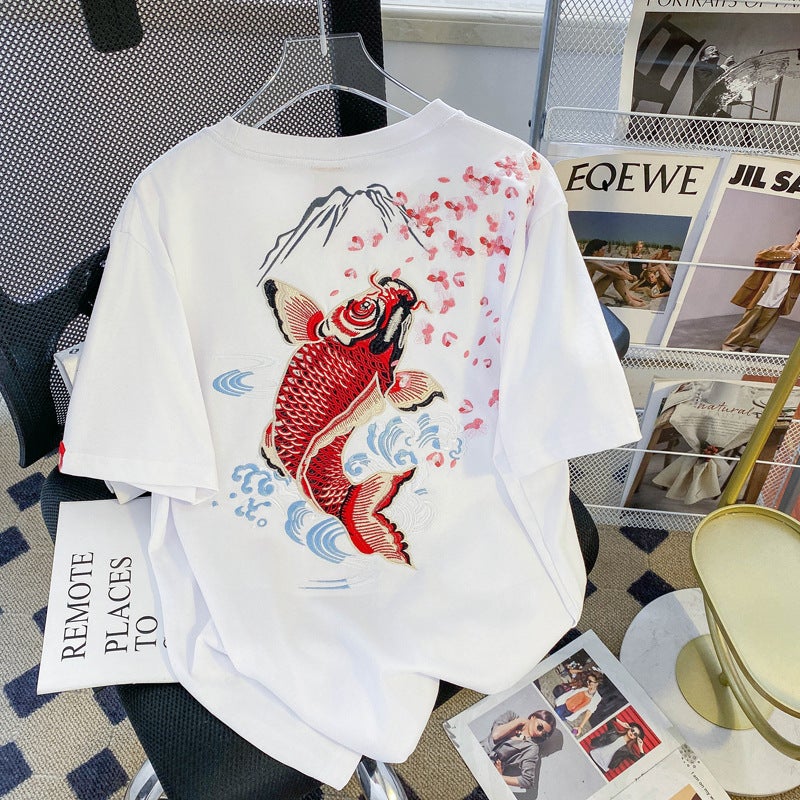 Summer Chinese Style Embroidered Koi Pure Cotton T-Shirt Short-Sleeved Young Women Heavy Industry Fashion T-Shirt Ins Trend - Image 1
