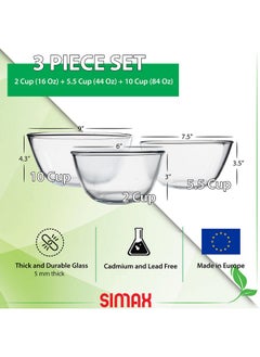 SIMAX SIMAX Glass Mixing Bowls Set, Borosilicate Glass Mixing Bowls for Kitchen Set of 3 Microwave and Oven Safe Bowls (2 Cup, 5.5 Cup, 10.5 Cup) Glass Bowls for Kitchen, Glass Mixing Bowl, Baking Bowls  - Image 2