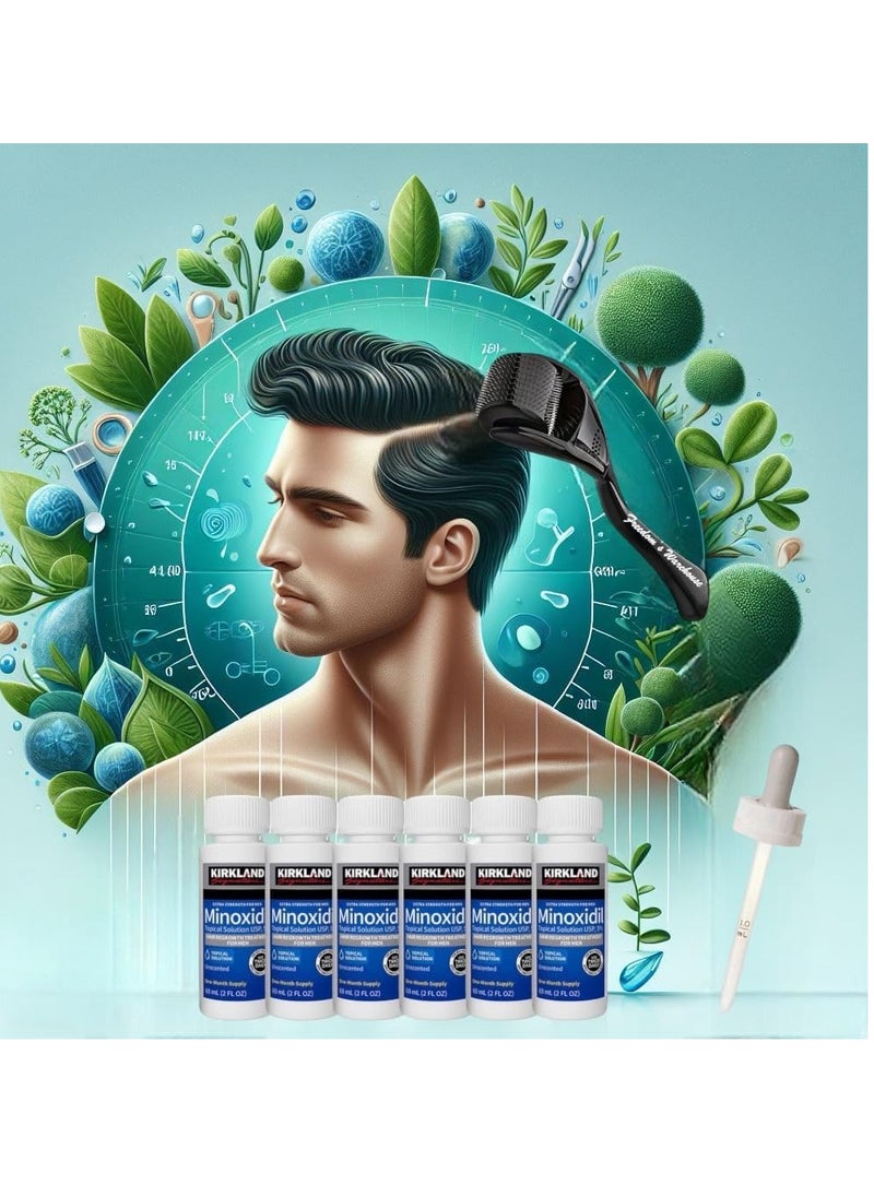 Kirkland Signatur - (6 Pack) Kirkland Minoxidil for Men Hair Regrowth Treatment, Liquid Extra Strength 5% Topical Solution, 6 Months Supply - Dropper Applicator and Microneedle Roller Included - Minoxidil Kirkland - Image 1