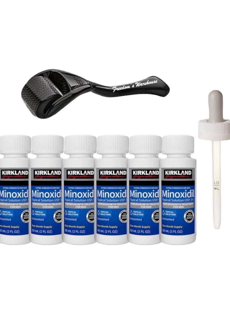 Kirkland Signatur - (6 Pack) Kirkland Minoxidil for Men Hair Regrowth Treatment, Liquid Extra Strength 5% Topical Solution, 6 Months Supply - Dropper Applicator and Microneedle Roller Included - Minoxidil Kirkland - Image 1