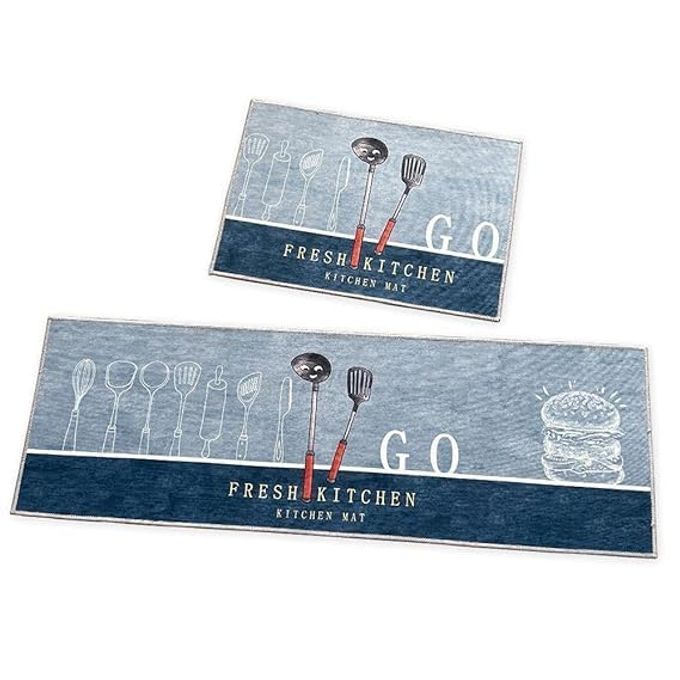2 PIECE KITCHEN MAT MACHINE WASHABLE NONSLIP BATH MAT DOORMAT KITCHEN WASHABLE PRINTED DESIGNER FOR FLOOR KITCHEN ROOM 40 X 120 CM 40 X 60 CM KITCHEN MAT FRESH KITCHEN BLUE