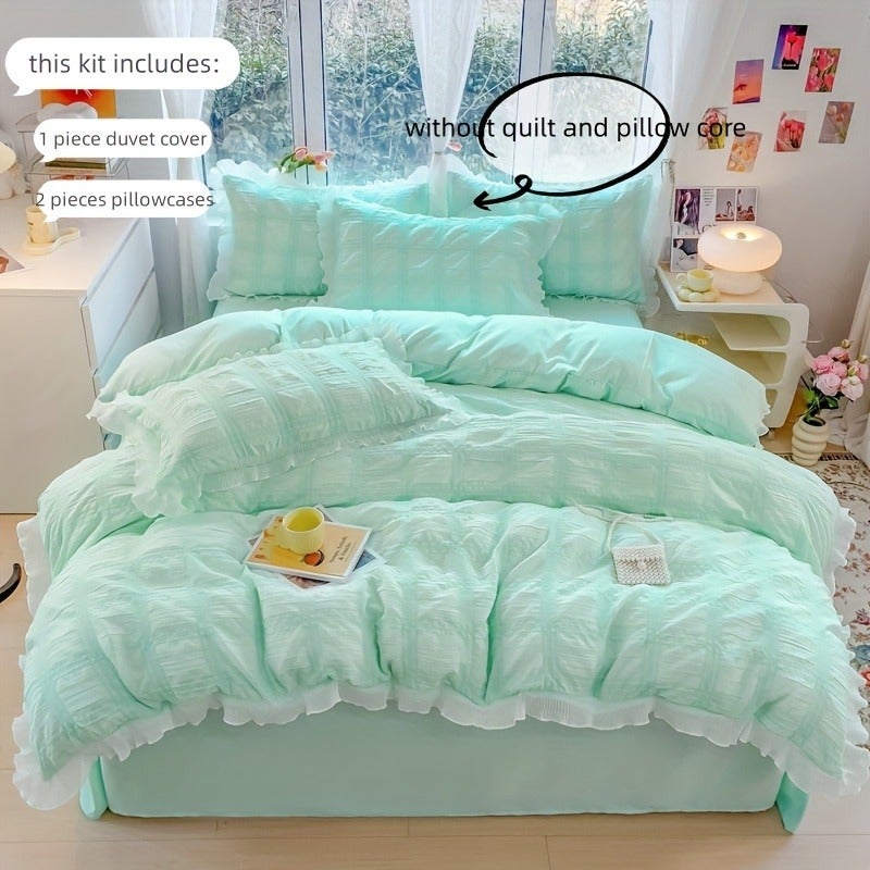 Princess Lace Bedding Set 3pcs Plaid Quilt Cover and Pillowcase - Image 1