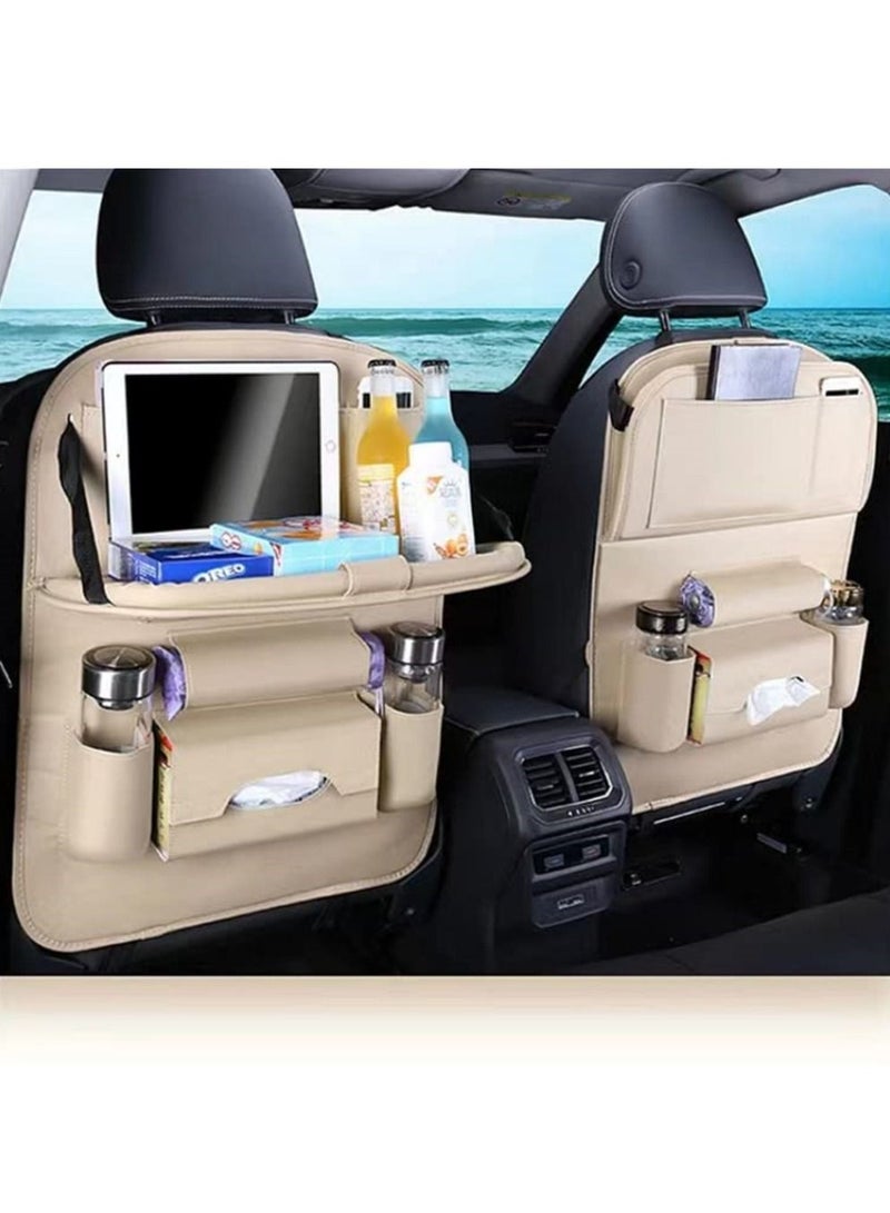 Leather Car Seat Back Folding Portable Storage Box Multi-Use Car Organizer Car Portable Tissue Storage Bags Beige - Image 2