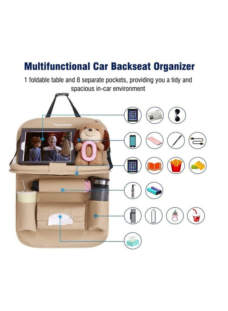 Leather Car Seat Back Folding Portable Storage Box Multi-Use Car Organizer Car Portable Tissue Storage Bags Beige - Image 5