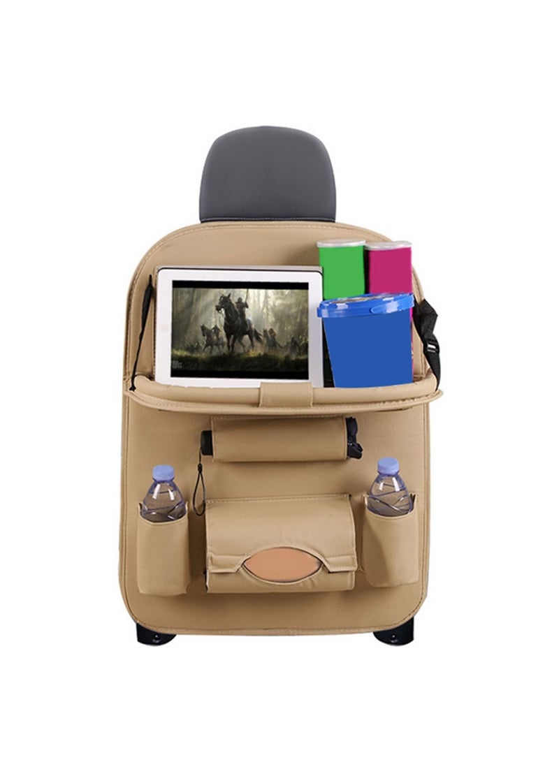 Leather Car Seat Back Folding Portable Storage Box Multi-Use Car Organizer Car Portable Tissue Storage Bags Beige - Image 1