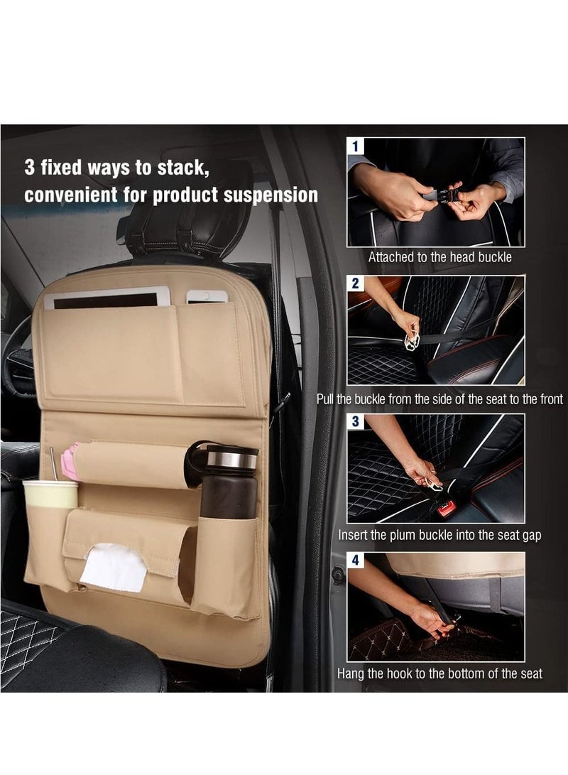 Leather Car Seat Back Folding Portable Storage Box Multi-Use Car Organizer Car Portable Tissue Storage Bags Beige - Image 3