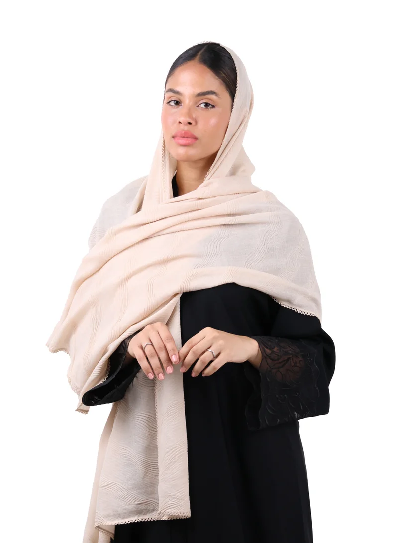 Wave Pattern Cotton Crush Scarf with Lace Trim (Blush Beige)