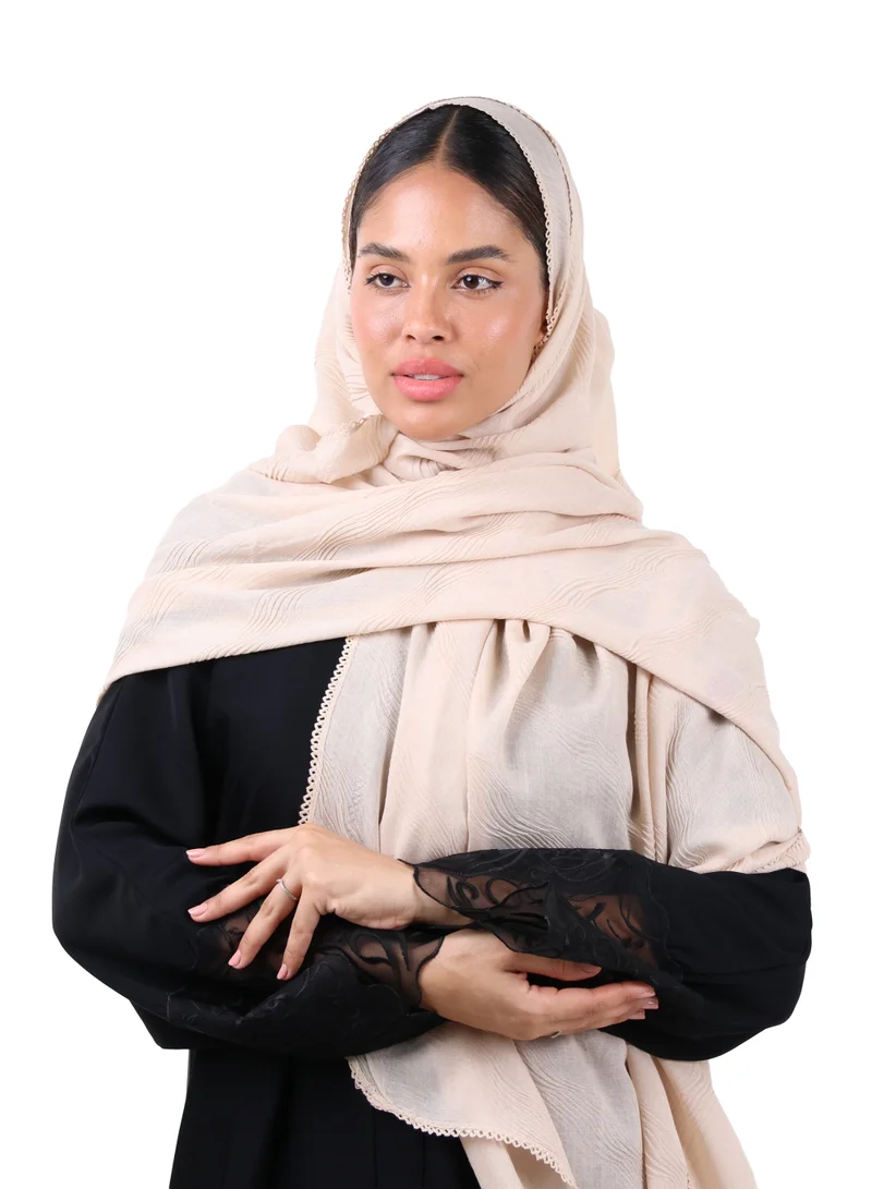 Jameela  Wave Pattern Cotton Crush Scarf with Lace Trim (Blush Beige) for Women | Best Price UAE