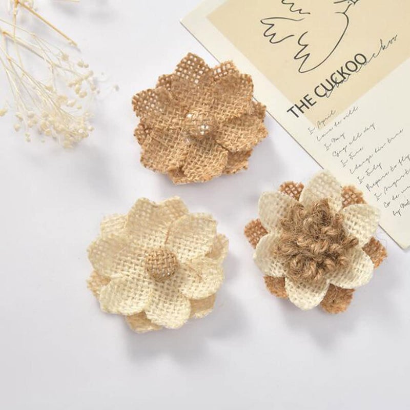 Ewandastore Ewanda store 40 Pcs Burlap Flowers Handmade Rustic Flower for Home DIY Bouquets Craft Wedding Party Decoration - Image 3