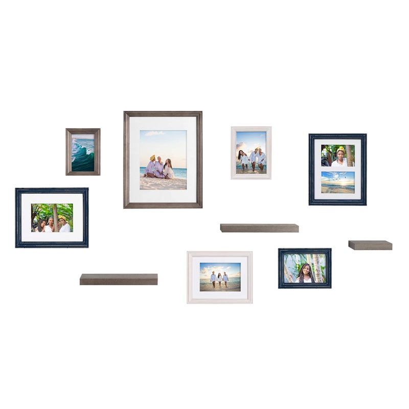 Kate and Laurel Kate and Laurel Bordeaux Gallery Wall Frame and Shelf Kit Set of 10 Multiple Coastal Finishes Assorted Size Frames and Three Display Shelves 