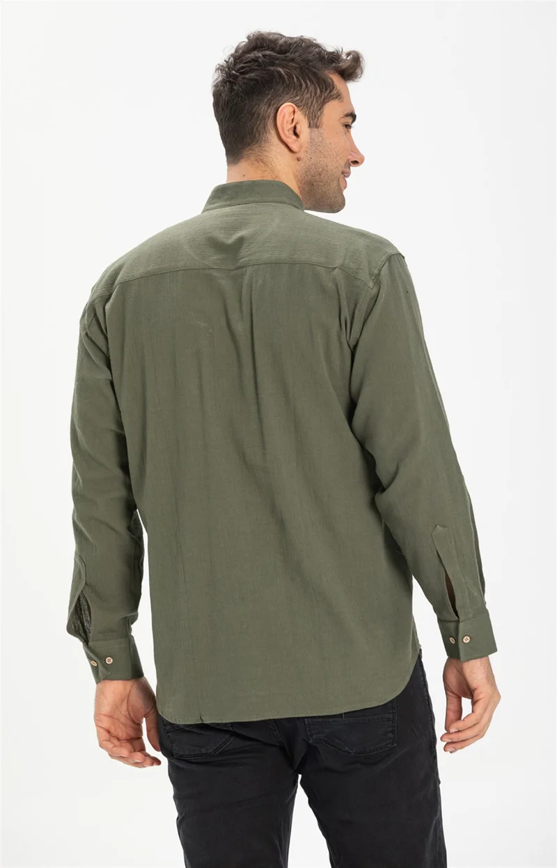 اليش شيل بيزي Long Sleeve Şile Cloth Classic Collar Single Pocket Men's Shirt Khaki 3049
