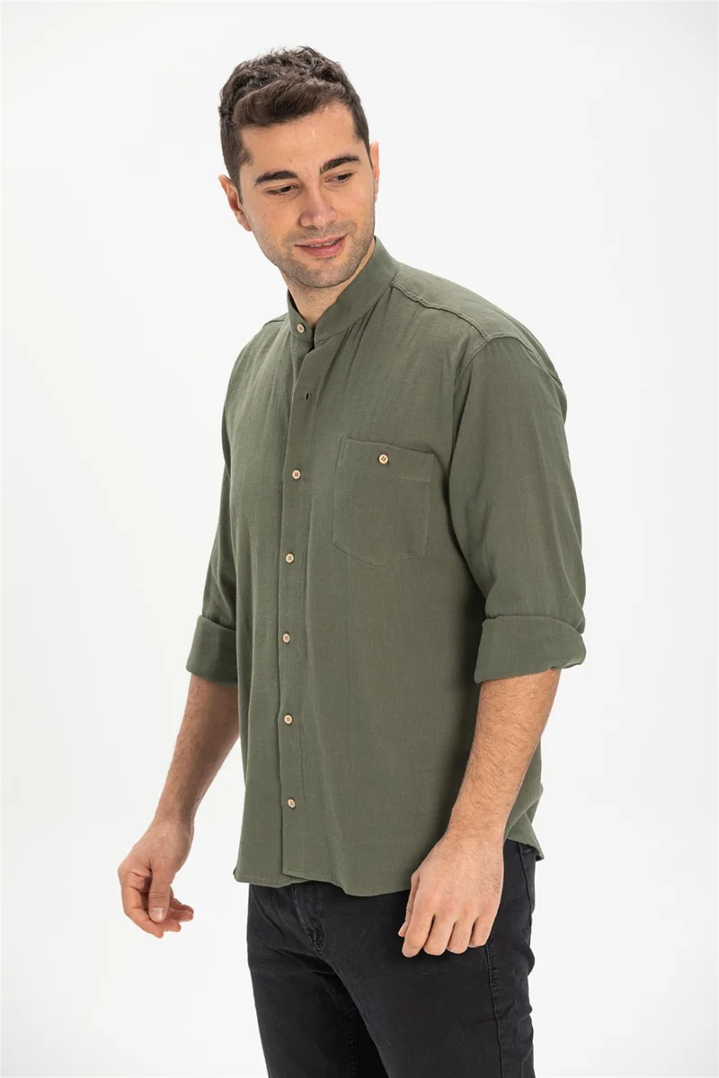 اليش شيل بيزي Long Sleeve Şile Cloth Classic Collar Single Pocket Men's Shirt Khaki 3049