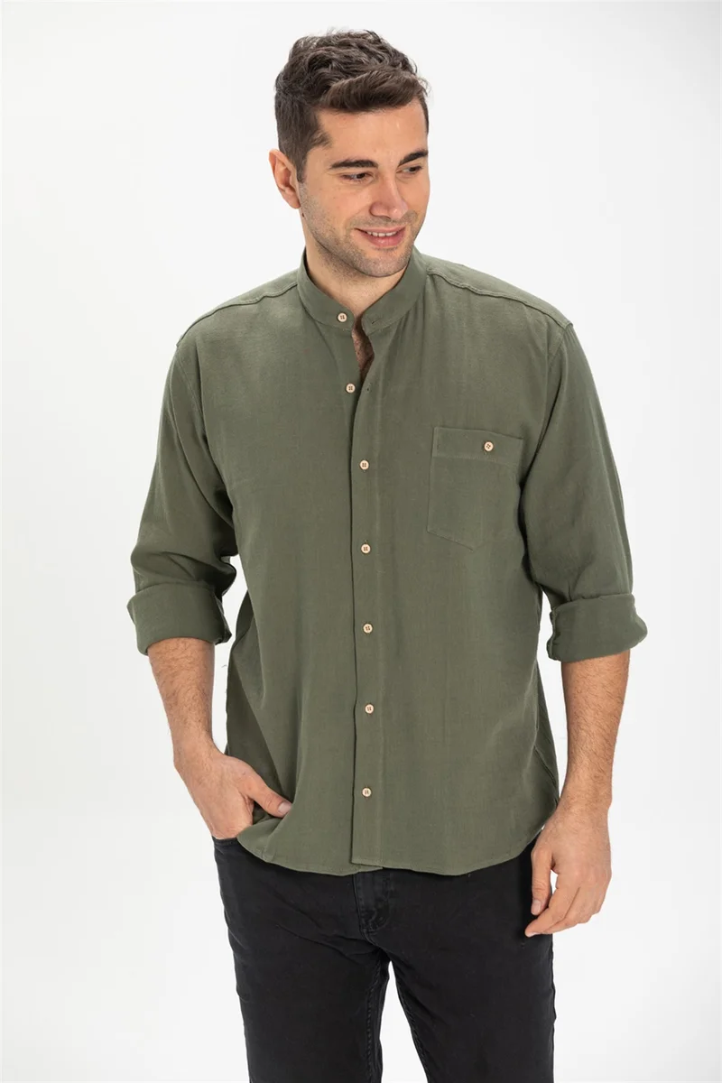 اليش شيل بيزي Long Sleeve Şile Cloth Classic Collar Single Pocket Men's Shirt Khaki 3049