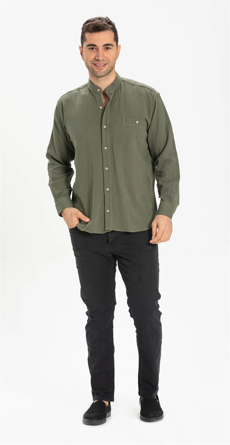 اليش شيل بيزي Long Sleeve Şile Cloth Classic Collar Single Pocket Men's Shirt Khaki 3049