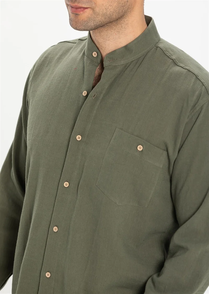 اليش شيل بيزي Long Sleeve Şile Cloth Classic Collar Single Pocket Men's Shirt Khaki 3049